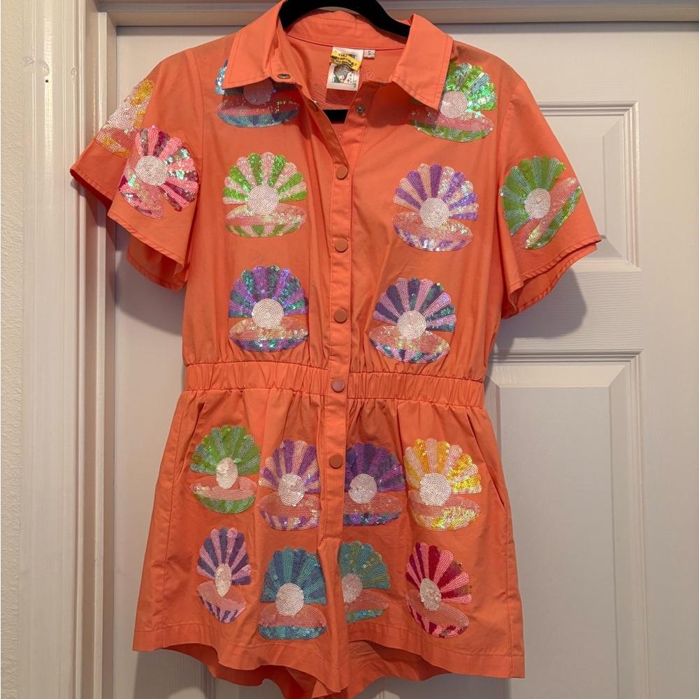 QUEEN OF SPARKLES Peach/Orange Sequin Shell Romper